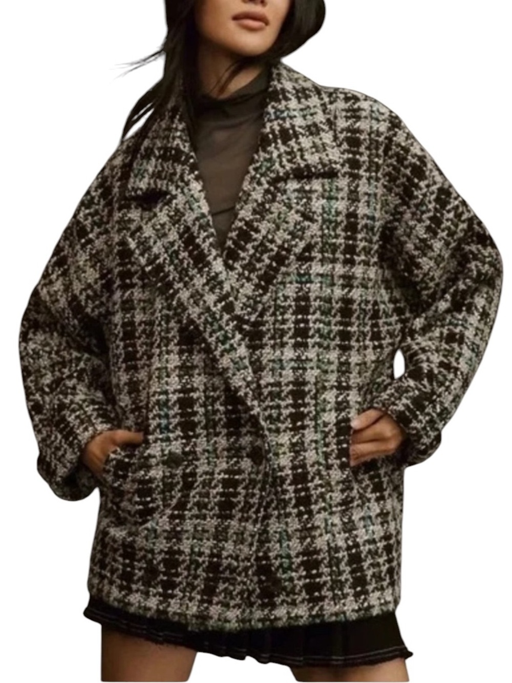 Anthropologie Tweed Double-Breasted Oversized Plaid Coat Jacket Comfy Size Large